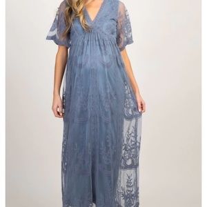 PinkBlush Blue Lace Mesh Overlay Maternity Maxi Dress